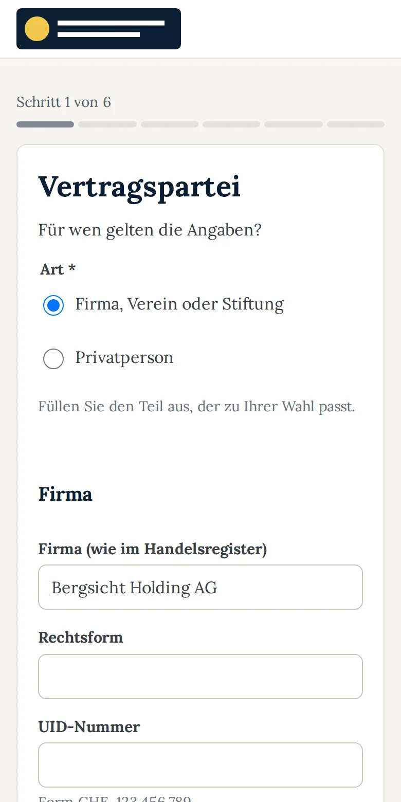 Kunden-Selbsterfassung am Handy im Auftritt einer erfundenen Kanzlei: Schritt 1 von 6, Vertragspartei
